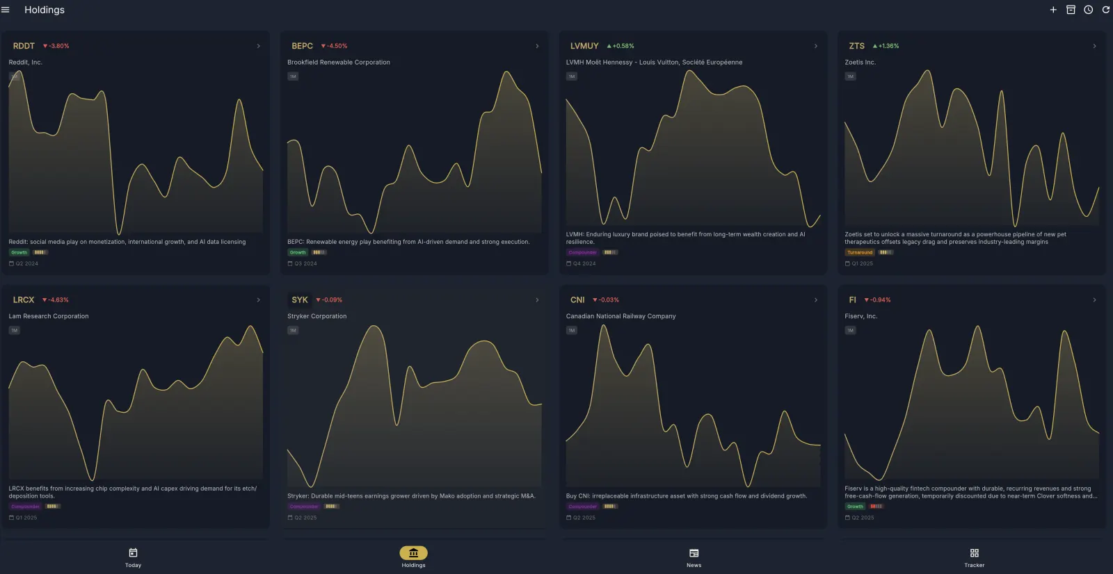 The holdings view: one card per position with its thesis in a line
